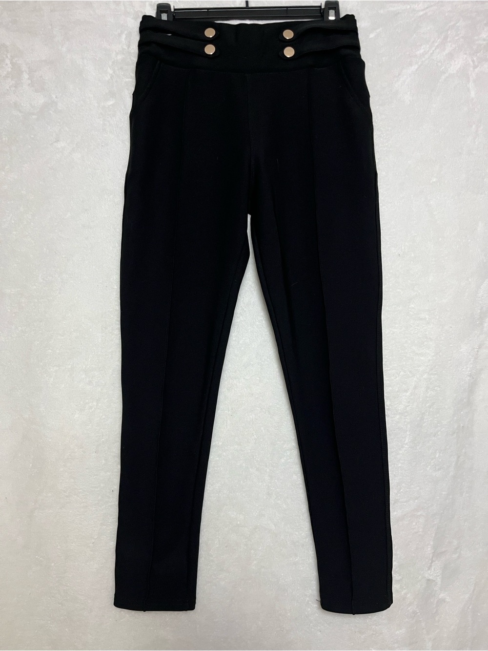 High-Rise Black Women's Trousers with Decorative Button Waist